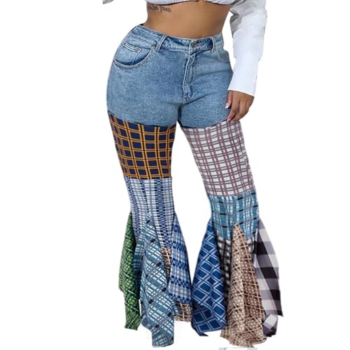ThusFar Women High Waist Patchwork Flare Jeans Plaid Bell Bottom Ruffle Hem Denim Long Pants Trousers