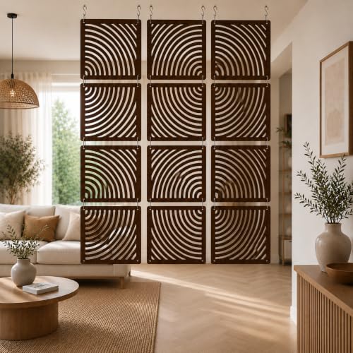 WoodTuct walnut-tone birch plywood hanging divider panels with open geometric cut-outs — showing the warm wood finish that sets it apart from the PVC picks