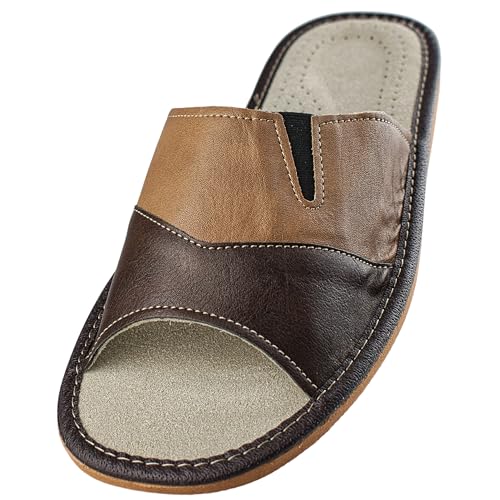 APREGGIO - Ciabatte Estive da Uomo in Pelle Liscia - Pantofole Casa Uomo - Punta Aperta - Slip-On - Suola Piatta - Leggere - Marrone - Taglia 42 EU