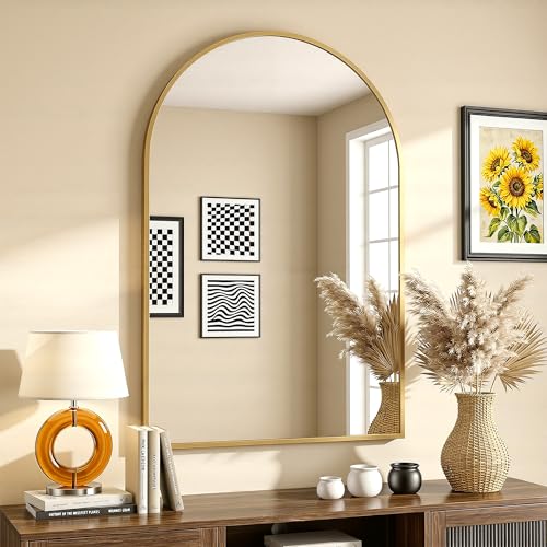 Image of Antok Arched Bathroom Mirror, 20 inchx30 inch Wall Mounted Mirror, Vanity Mirrors for Over Sink, Aluminum Alloy Frame Bathroom Mirrors Living Room, Bedroom and Entryway, Gold