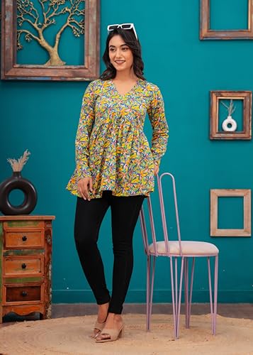 Image of LABEL ADRIJA Cotton V Neck Anarkali Short Kurti for Women Full Sleeve Floral Print | Short Kurtis for Women on Jeans