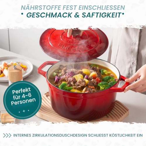 Foto von vancasso Brottopf zum Backen Gusseisen Topf, 5L Ø 26cm Emaillierte Beschichtung,Gusseiserner Brottopf zum Backen, Kasserolle, Gussbräter für Alle Herdarten und Induktion Geeignet,Rund,Rot,5L