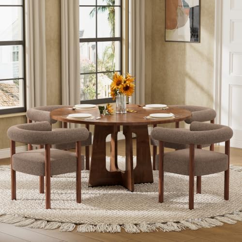 HAIZAO Modern Farmhouse Dining Table Set for 4, 47'' Walnut Wood Grain Top Kitchen Table Set, with 4 Brown Barrel Upholstered Dining Chairs, 5 Pieces Round Dinette Set for Home Apartment
