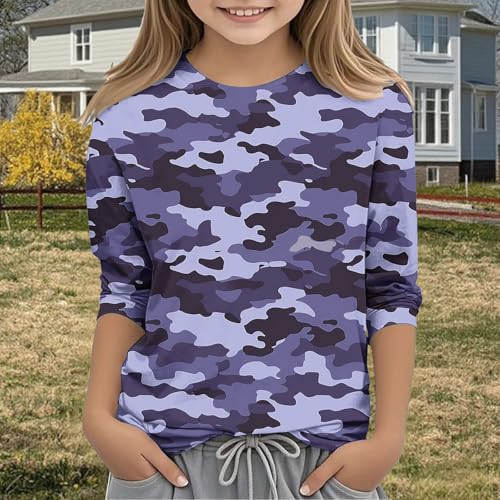 3/4 Length Sleeve Tops Kids Girl Camo Shirt Printed Crew Neck T Shirts Loose Three Quarter Casual Dressy Blouses2