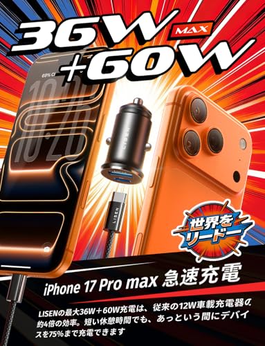 LISEN シガーソケットUSB Cタイプ しがーソケット USB 急速充電 PD36W【2026最強のコスパ・ステルス設計】車 充電器+60Wケーブル付属 30分で55％・全金属 カーチャージャー 24V/12V全対応 電流安定 カー用品 便利グッズ 車内インテリアセット Rav4 60系・バイク・トラック アクセサリー iPhone 17 16 15 iPad Switch2 Kindle対応