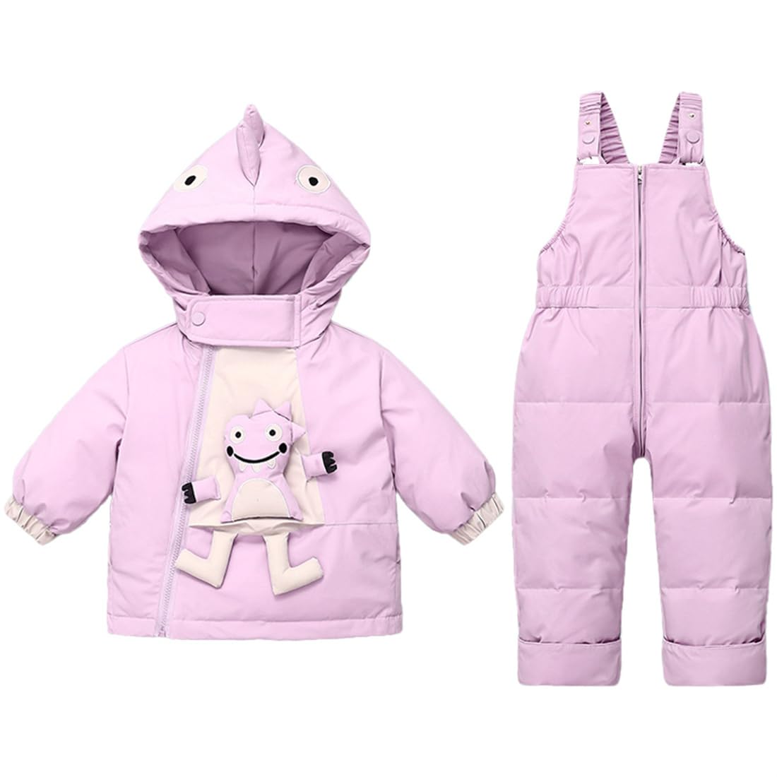 JELEUON Baby Boys Girls Cartoon Sweety Zipper Hooded Puffer Down Pocket Ski Jacket+Snow Bib Pants Snowsuit Set