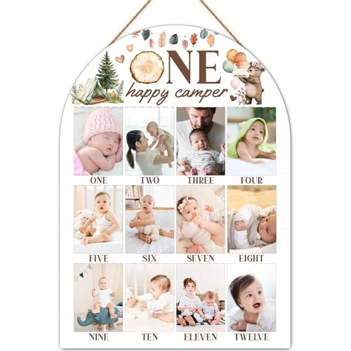 Woodland My First Year Photo Board, One Happy Camper Birthday Decoration Photo Frame, 12 Monthly Baby Milestone Sign, Forest Nursery Decor for Boy Girl, Gender Neutral Baby Keepsake Gifts-A05