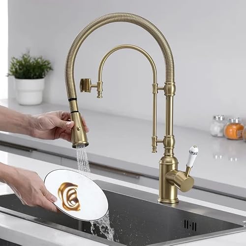 Kunmai Single Handle High Arc Kitchen Sink Faucets Brushed Gold Dual-Mode Pull-Down Kitchen Faucet Solid Brass Porcelain Handle #TOP2