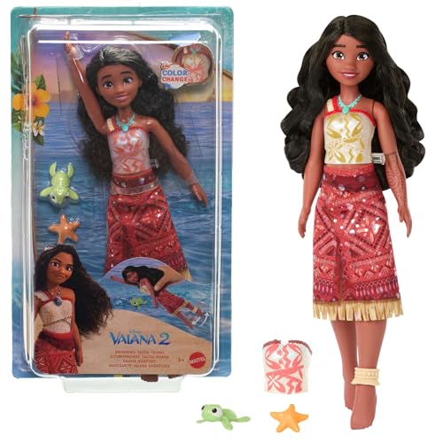 Mattel Disney Vaiana 2 Juguetes, Muñeca de moda Navegante Vaiana nadadora con 2 accesorios, corpiño con cambio de color y piernas móviles, inspirada en la película, JFF09