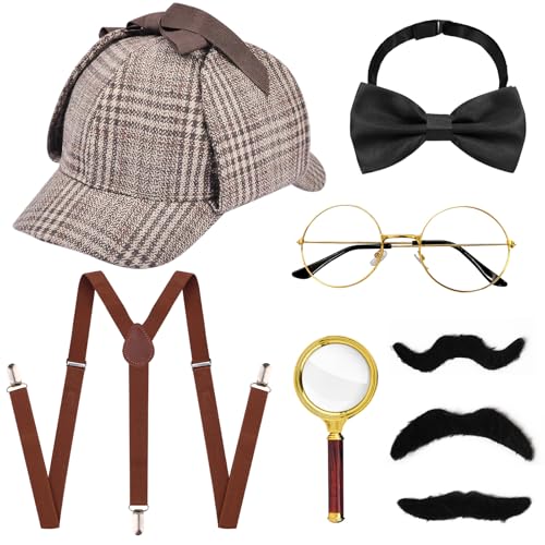 Conjunto de 7 acessórios para disfarce de detetive, fantasia de detetive dos anos 20 com chapéu xadrez e costas em Y, alças para laço e lupa, óculos de bigode, acessórios para cosplay, Carvão, Tamanho
