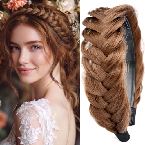 Gledola Wide Messy Braided Headband with Teeth Synthetic Hair Plaited Headband High Elasticity Braids Chunky Fishtail Braided Hair Band Hairpiece for Girls Women (Medium Brown)