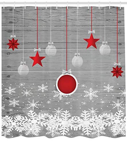 ABAKUHAUS, Weihnachten, Duschvorhang, Sterne Flitter Schnee, Leicht zu pflegener Stoff mit 12 Haken, 175 x 200 cm, Weiß Grau Rot