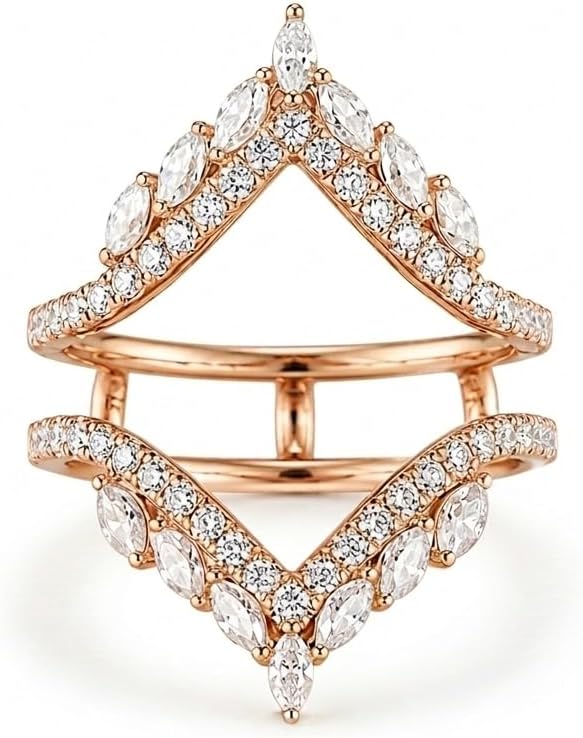 Moissanite Ring Enhancer Guard for Engagement Ring, 10K 14K 18K Gold 0.42Ctw Marquise and Round Moissanite Matching V-Shaped Wedding Bands Wrap for Women, Size 3.5-18