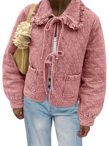 Tankaneo Womens Quilted Denim Puffer Jackets Tie Front Bow Cropped