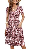 MOLERANI Women Summer Casual Short Sleeve V Neck Dresses Button Down Sundress Beach Vacation with Pockets Travel Outfits,Red Flower,XL