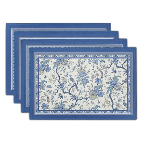 Giwawa 4PCs Chinoiserie Placemats Blue White Floral Birds Decorative Linen