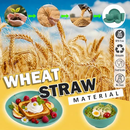 Image of Unbreakable Wheat Straw Dinnerware Set 16 PCS - Kids Plates and Bowls Set for 4,Dishwasher & Microwave Safe Lightweight Toddler Plates and Bowls Set for Party Camping Kitchen - Green