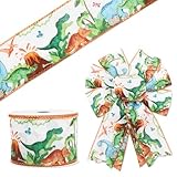 FYSUIMU Dinosaur Wired Edge Ribbon Watercolor Green Jurassic Craft Ribbon Cute Animal Fabric Ribbon for Baby Shower Wreath Bow DIY Wrapping Party Decor, 12 Yard