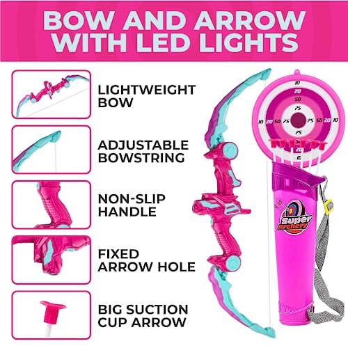 Toysery Kids Bow and Arrow Set with LED Flash Light, Toy Bow and Arrow for Kids 8-12 Years Old - Toy Bow and Arrow Set for Boys and Girls, Includes Archery Bow, 6 Archery Arrows, Target, Quiver (Pink)