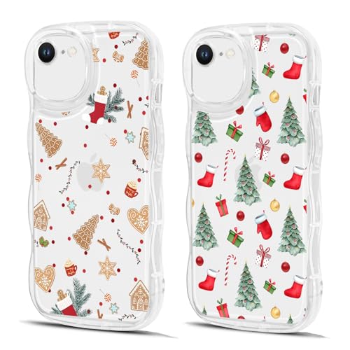 Coiwxmoi 2 Piezas Navidad Ondulado Funda para iPhone 7/8/iPhone SE 2022 /SE 2020, Carcasa Marco de Onda Linda Forma con Patrón de Elementos navideños, Transparente Antigolpe Silicona Christmas Case