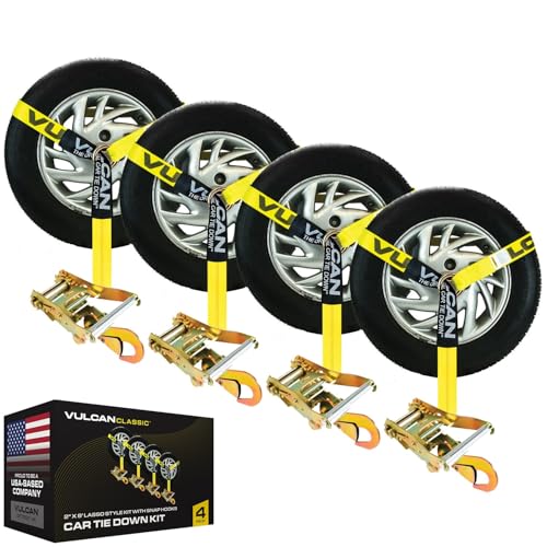 VULCAN Car Tie Down with Snap Hooks - Lasso Style - 2 Inch x 96 Inch - 4 Pack - Classic Yellow - 3,300 Pound Safe Working Load by VULCAN - Used condition - US$61.62