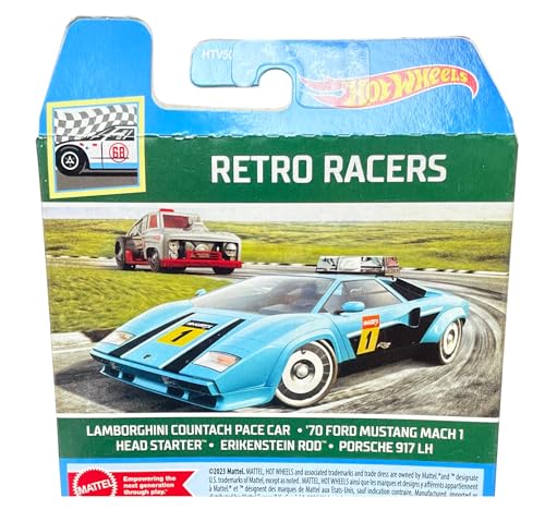Image of Hot Wheels Car 2024 Retro Racers Pack of 5 (Lamborghini Countach Pace Car, 70 Ford Mustang Mach 1, Head Starter, Erikenstein Rod, Porsche 917 LH) Multi - Color