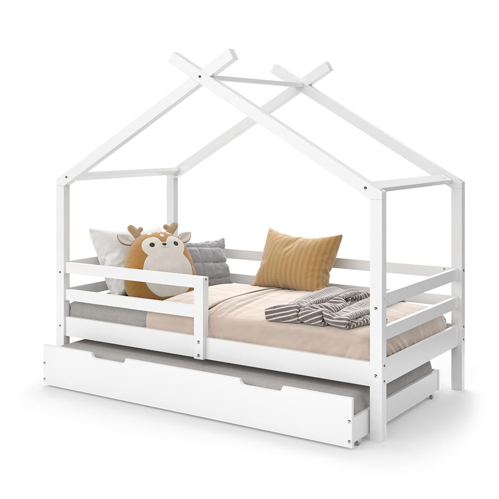 VitaliSpa Cama en Forma de casa Luni, Blanco, 160 x 80 cm | con cama extraíble para invitados, como un pequeño hogar para un ambiente cálido
