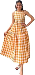 Women's White Gingham Check Sleeveless Tiered Midi Dress, Casual Summer Style Price In India