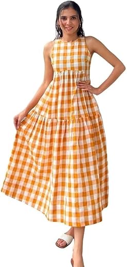 Women's White Gingham Check Sleeveless Tiered Midi Dress, Casual Summer Style