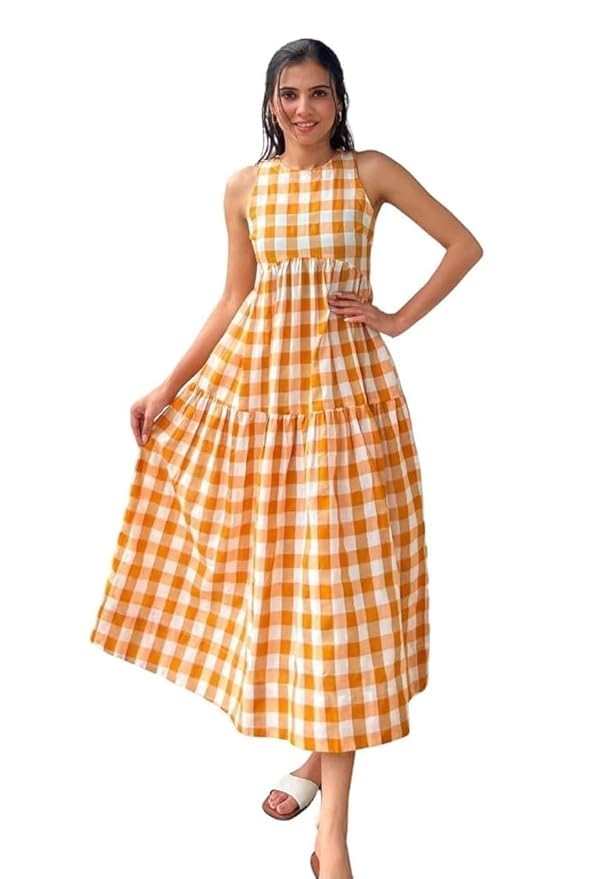 Women's White Gingham Check Sleeveless Tiered Midi Dress, Casual Summer Style - Review, Price and Buying Guide