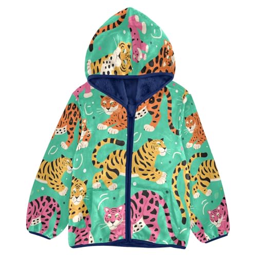 Tiger Print on Green Background Toddler Fleece Jacket Girl Boys Hooded Fleece Jacket Coat Warm Outwear Zip-up 3-10T