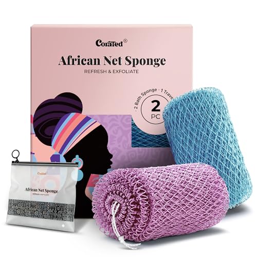 CORATED Spugna a rete africana autentica, spugna da bagno esfoliante in luffa da doccia, scrubber per il corpo da donna, per uso quotidiano, accessori da bagno portatili da viaggio per il bagno (viola