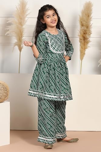 Image of Fashion Dream Girl's Cotton Blend Printed Peplum Kurta and Pant Set|Kurti And Pant Set|Ethnic Set|Printed kurta Set(FDGSET00171 GRN 24 Green 5-6Yrs)