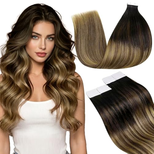 Image of LaaVoo Hair Extensions Tape in Ombre Real Human Hair Tape in Extensions Natural Black to Medium Brown Mixed Caramel Brown 20 Inch 20pcs /50g