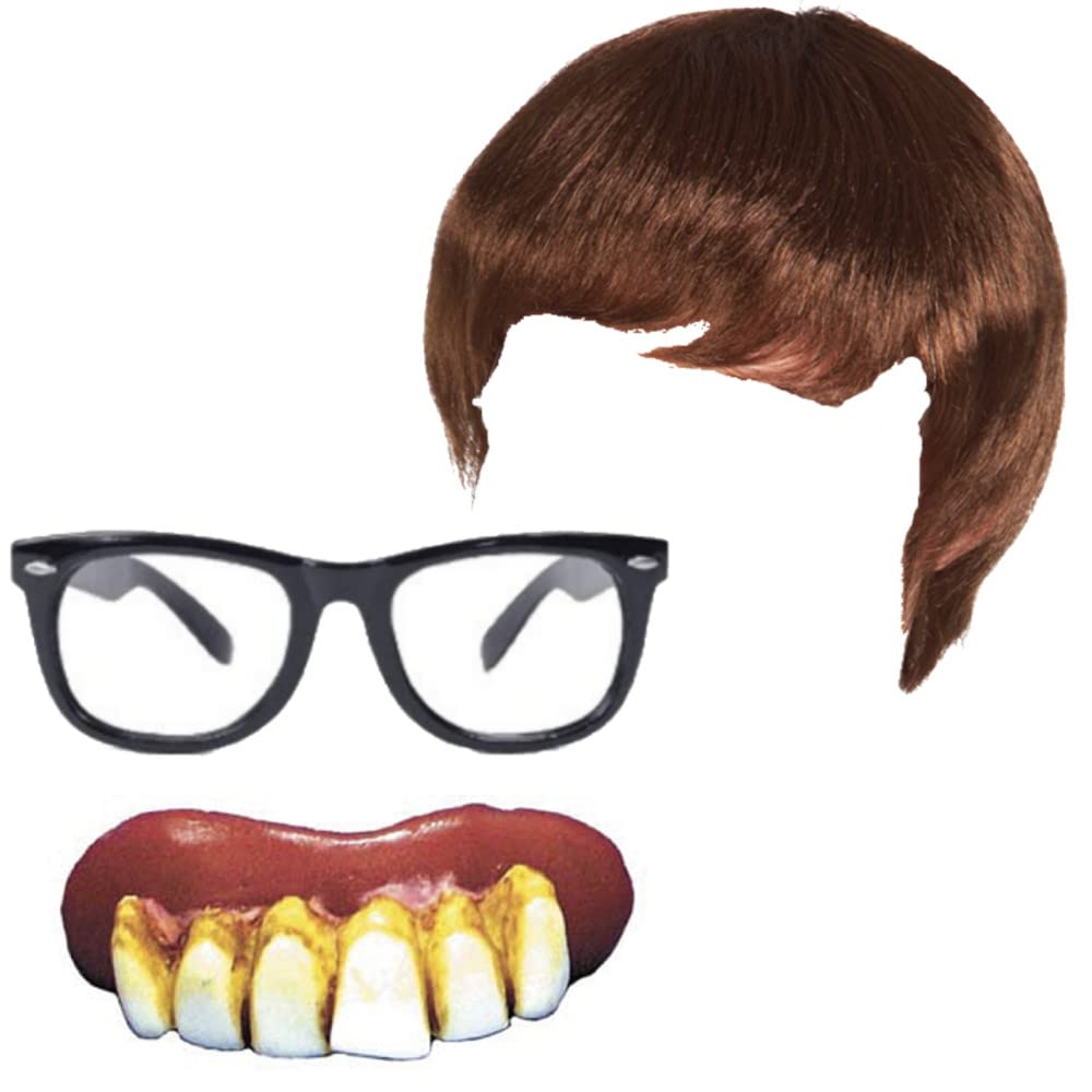 Men's Austin Powers Groovy Baby 50's 60's Stag Night Party Fancy Dress Costume Fun Set | Wig, Nerd Glasses, Ruffle Collar, Pendant and 2x Ruffle Cuffs