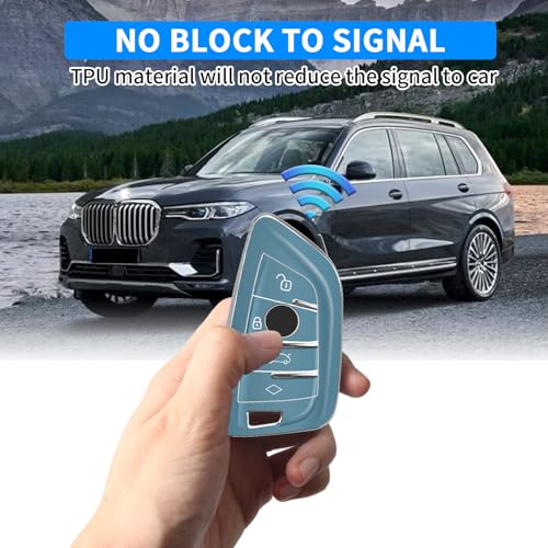 Image of QBUC for BMW Key Fob Cover with Leather Keychain | for BMW 2 5 6 7 Series X1 X2 X3 X5 X6 X7 Premium Soft TPU Key Fob Holder (1-Blue)
