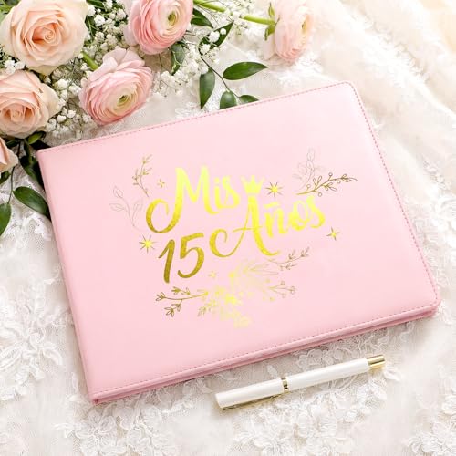 Image of MotiMind Quinceanera Guest Book with Pen 11 x 8 Inch Libro De Firmas Para 15 Anos Quinceanera Leather Hardcover Signature Book Guest Sign in for 15th Party Favors Decoration(Pink,Sweet)