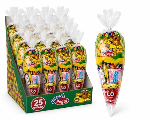 Pegui Conos de Chucherías para Cumpleaños – Pack de 25 Conos Surtidos con Gusanitos, Fizz Roll, Piruleta, Escalofríos, Nube y Caramelo de Frutas | Bolsas de Chuches para Fiestas Infantiles, Piñatas