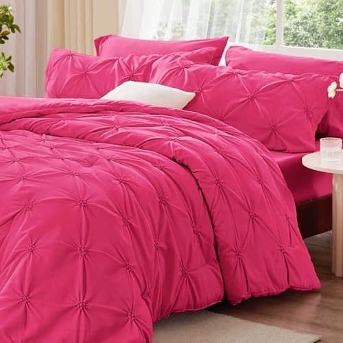 Image of BEDELITE Queen Comforter Set Hot Pink,Lightweight & Soft Comforter | Pintuck Boho Bedding, Warm & Cute Bed Set for All Season,With 2 Pillowcases
