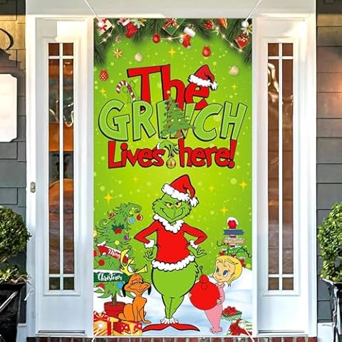 Christmas Decorations Door Banner, 71'' x 35'' Christmas Whoville Door Cover, Christmas Green Monster Decorations for Winter Holiday Christmas Home Indoor Outdoor Decor Party Cover