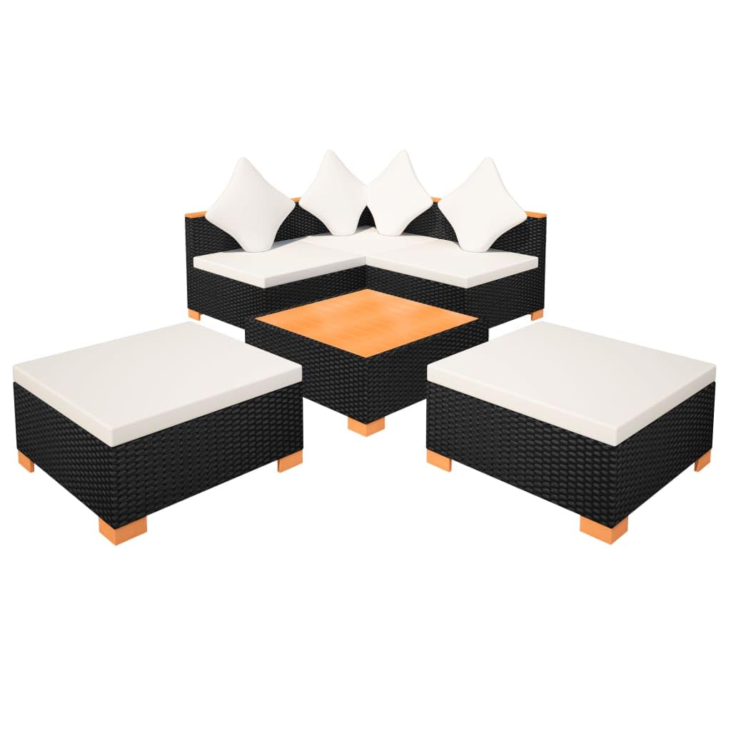 Ensemble Salon de Jardin 6 Pieces canape rotin résine tressée Noir Coussins Blanc Creme mobilier Exterieur avec Table Basse WPC modulable Jardin terrasse