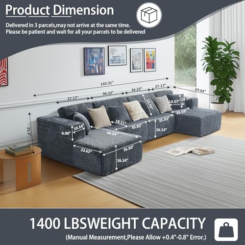 Image of 143 inch Oversized Cloud Boneless Couch with Chaise, Modern Modular Sofa with Deep Seat, Various Combinations Upholstered Couches for Living Room, No Assembly Required, Dark Grey