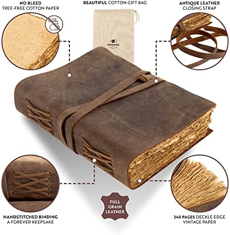 Vintage Leather Journal, 240 Pages Tree-Free Cotton Deckle Edge Paper, Blank Leather Bound Journal Book of Shadows, Antique Handmade Art Journal Old Style Notebook, MOONSTER® Leather Sketchbook 8"x6"
