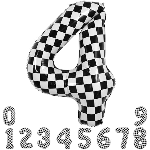 Image of TONIFUL 40 Inch Large Checkered Number 4 Balloon 4th Birthday Decorations
