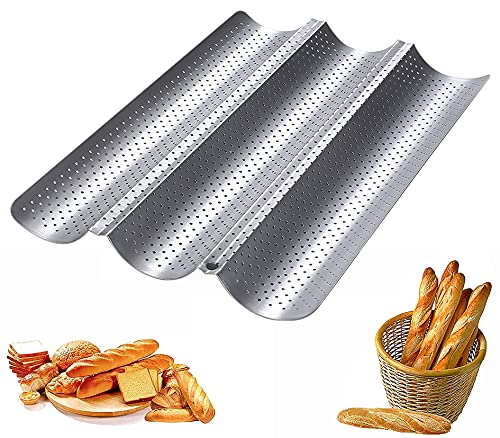 Baguette Baking Tray, French Bread Pan Carbon Steel, Non-Stick Coating Perforated French Stick Loaf Baking Cake Baguette Mould Pan for 3 Loaves Wave Baker (Rounded Edges)