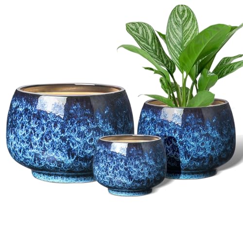 COLOAPT Ceramic Planters Pots, 6+8+10 Inch Plant Pots with Drainage Holes, Modern Flower Pots Indoor Outdoor, Round Large Flower Pots, Set of 3 - Blue