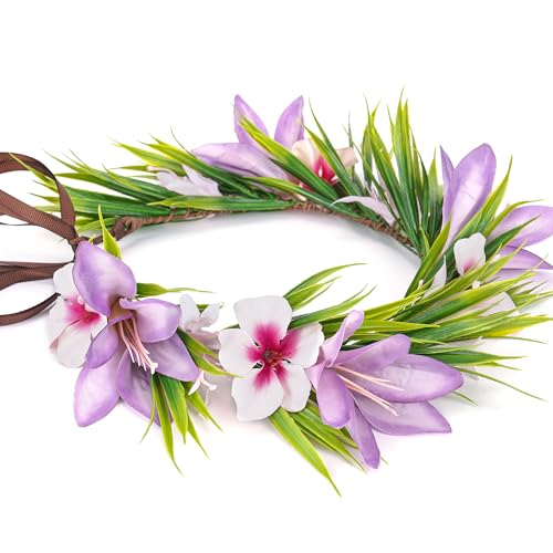 KorViSHOW Hawaiian Leis Flower Headband - Hawaii Floral Headpiece Tropical Luau Flower Crown with Ribbon Lei Luau Dress Up Accessory Summer Beach Wedding Party Festival Photos (Purple, Pink)