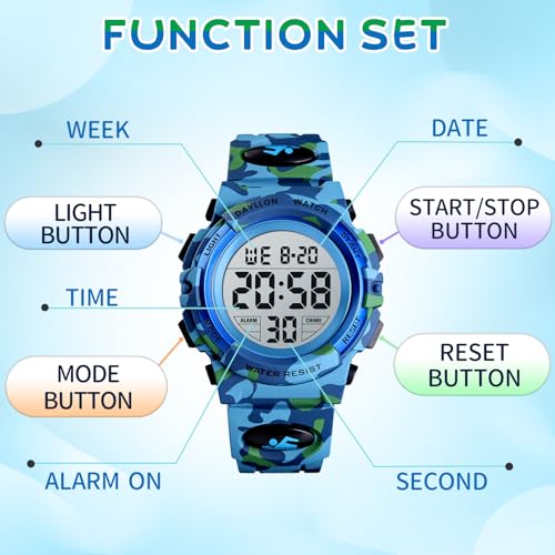 Image of Dayllon Kids Digital Watch Boys Outdoor Sports 50M Waterproof Girls Watches Alarm Clock 12 /24 H Stopwatch Calendar for Ages 3-15 Boy Girl Wristwatch Kids Gift