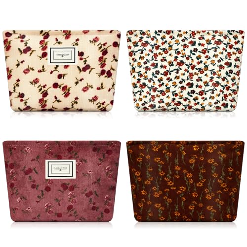 Sanwuta 4 Pcs Corduroy Cosmetic Bags Floral Makeup Bag Corduroy Cosmetic Pouch Flower Travel Toiletry Zipper Bag Large Capacity Aesthetic Purse Organizer Cute Handbags for Women, Girls Gifts, 4 Styles
