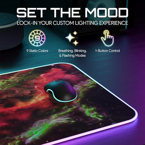 Image of Gerlos RGB Gaming Mouse Pad, Large LED Desk Mat, 31.5 x 11.8 Inch | 12 light modes, non-slip base, water-resistant surface, stitched edges